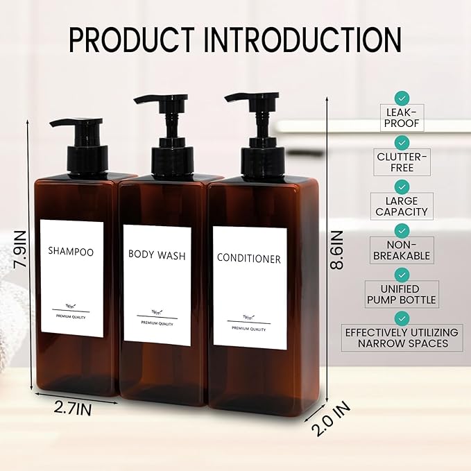 Shampoo and Conditioner Dispenser Set, 3Pack Refillable Shampoo and Conditioner Bottles with Labels, 500ml Soap Dispenser 16.9oz Shower Dispenser Square Pump Bottle for Bathroom and Kitchen - Amber