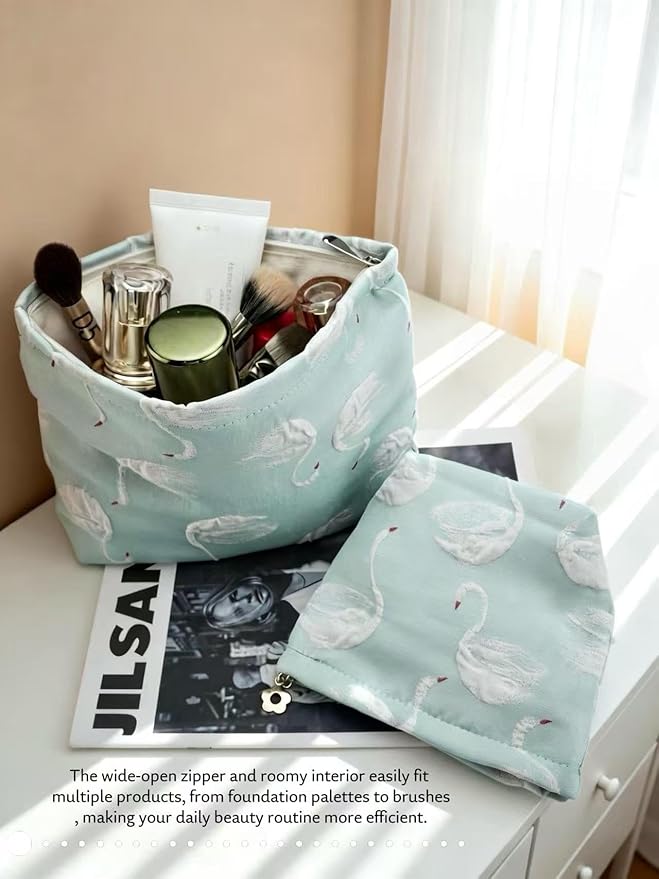 2-Pack Swan Print Makeup Bag Set - Large Capacity Light Blue Cosmetic Organizer | Travel Toiletry Pouch for Women Girls (Cute Animal Print, Zipper Closure)