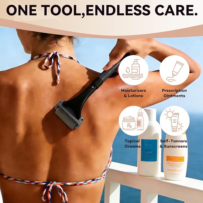 Lotion Applicator for Back&Body-Extendable up to 21.5" Back Lotion Applicator with 3 Roller and 2 Finger caps for Back self,Lotion Stick & Sunscreen Applicator for Skin Cream,Oils & More,Black