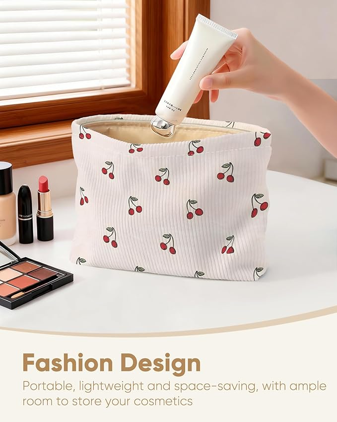Cute Red Cherry Makeup Pouch for Women Small Make Up Beige Cherries Pattern Bag for Purse Zipper Initial Makeup Cosmetic Bags Pouches for Purse Aesthetic Travel Toiletry Bags