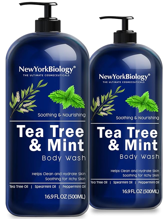 New York Biology Tea Tree Mint Body Wash for Men and Women - Moisturizing Body Wash Helps Soothe the Skin - Refreshing and Hydrating Cleanser for Body and Feet - 16.9 Fl Oz (Pack of 2)