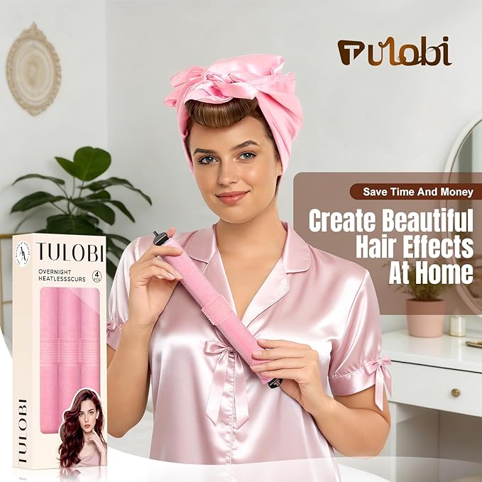 TULOBI 3 Pcs Heatless Curls Overnight - Upgraded Velvet Heatless Hair Curler with Velcro Fastener, Overnight Jumbo Blowout Rods, Hair Curlers to Sleep in for All Hair Types (Pink)