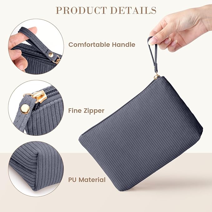 MAGEFY Small Makeup Bag, Corduroy Small Pouches for Purse Cosmetic Bag Makeup Pouches for Key Pocket Lipstick Bag Card Holder Data Cable Organizer(Grey,Small)