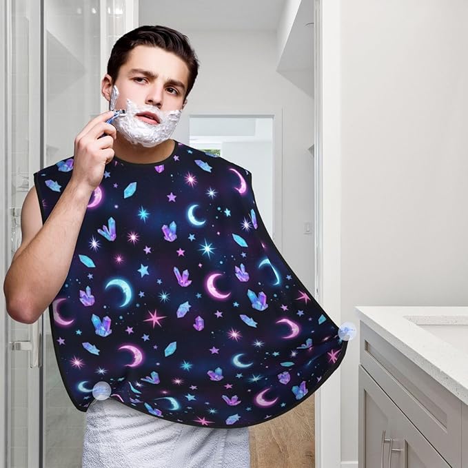 Stretchable Beard Cape, Non-Stick Hair Catcher for Trimming, Waterproof Grooming Apron, Trippy Purple Goth Moon Crystals Black Sky