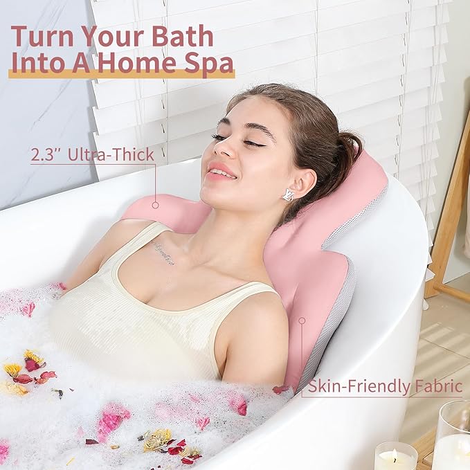Bath Cushion, Full Body Bathtub Pillow with 160 Suction Cups, Bath Mat for Head and Neck Support, with Laundry Bag (Light Pink, 56" x 16")