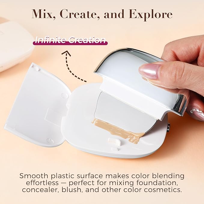 ENERGY 4-in-1 Makeup Spatula & Brush Tool, Stainless Steel with Puff, Mirror & Mixing Palette – Portable Kabuki Face Cosmetic Applicator for Liquid Foundation, BB/CC Cream, Concealer & Contour