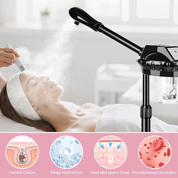 Professional Facial Steamer, Facial Steamer on Wheels with More Steam, Adjustable Height and Angle, Face Steamer for Deep Cleansing and Hydration, Estheticians Steamer for Beauty, Spa and Home Use