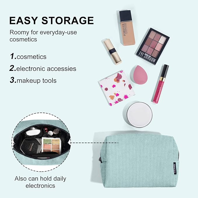 MAANGE Cosmetic Bags for Women Small Makeup Bag for Purse Corduroy Makeup Pouch Travel Makeup Bag with Metal Zipper Make Up Bag for Travelling(BLUE)