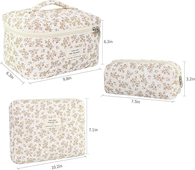 3Pcs Makeup Bag Cotton Quilted Travel Cosmetic Bag Cute Floral Makeup Pouch Large Toiletry Bag for Women Girls
