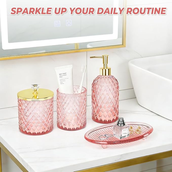 Jenseits Diamond Glass Bathroom Accessories Set 4 Pcs - Pink & Gold Bathroom Decor Set with Soap Dispenser, Toothbrush Holder, Qtip Jar, Vanity Tray - Luxury Gift for Women, Home Apartment Essentials
