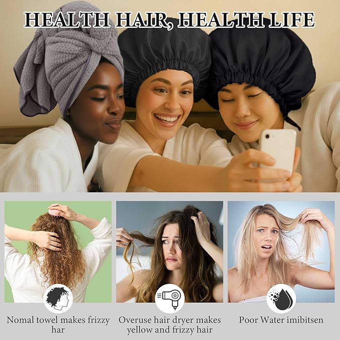 4 Pcs Microfiber Drying Hair Wrap Towels Reusable Waterproof Shower Cap with Elastic Band Adjustable Silk Hair Bonnet for Sleeping with Scrunchie for Women Christmas Favor Gifts(Black)