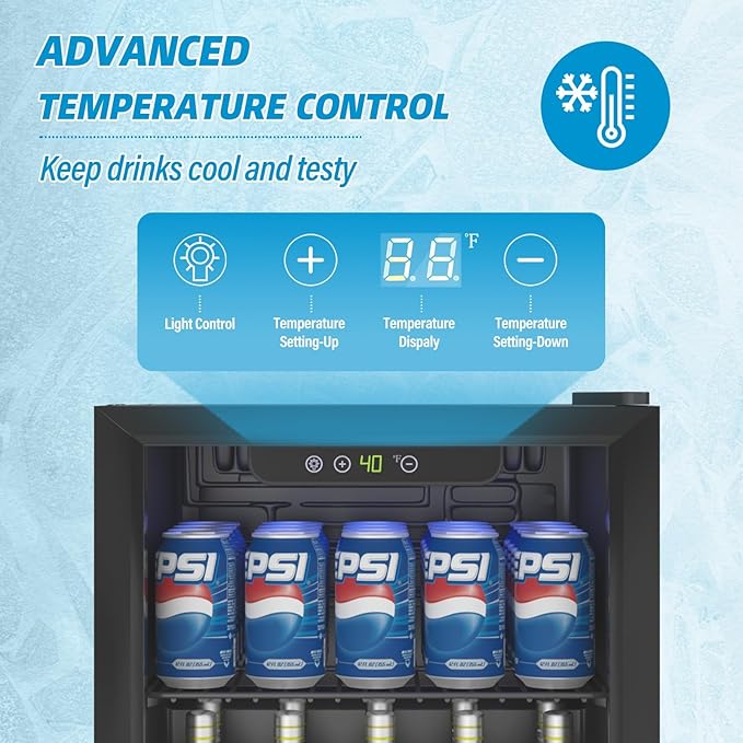 Compact Beverage Refrigerator,60 Can/1.3 Cubic Feet Fridge with Glass Front Door for Soda, Beer or Wine, Under Counter Small Refrigerator with Adjustable Shelve & Digital Display