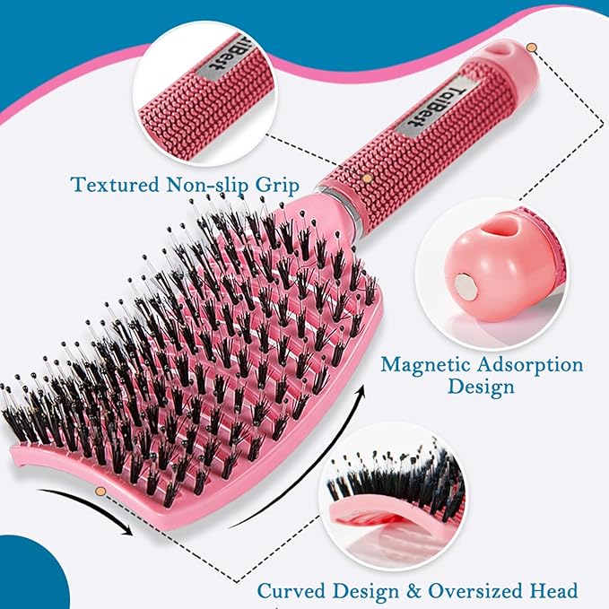 Boar Bristle Hair Brush Set - Dry/Wet Hair Brush Detangler for Fine, Thick, Curly Hair - Curved and Vented Hair Brush for Women, Men or Kids (Purple & Apricot Pink)
