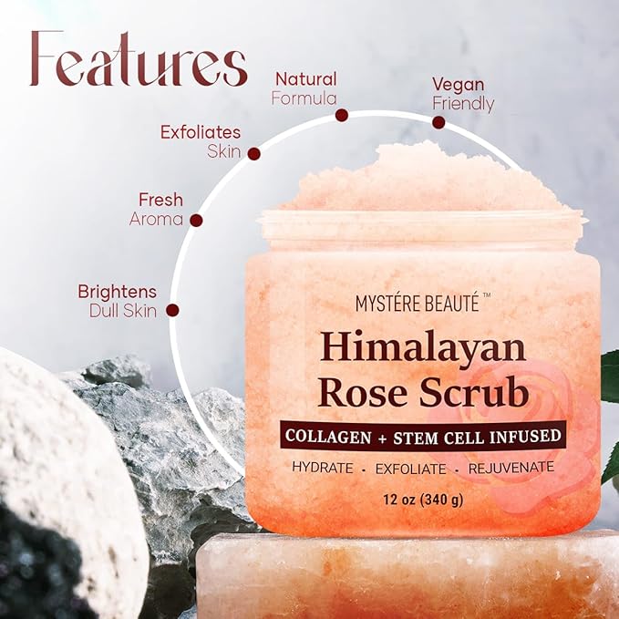 Himalayan Salt Body Scrub Twin Pack (12 oz x 2) - with Collagen, Rose Oil & Stem Cells - Exfoliating Scrub for Cellulite, Acne & Stretch Marks - Natural Skin Care Gift Set