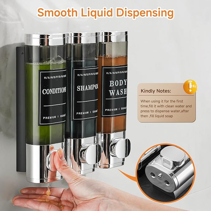 Shampoo and Conditioner Dispenser,Shower Dispenser 3 Chamber No Drill Wall-Mounted Shampoo Dispenser for Shower Wall Mounted Shower Soap Dispenser for Bathroom Hotel Large Capacity,Chrome1