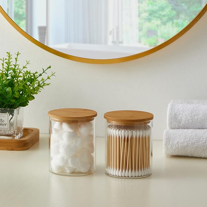 Glass Qtip Holder Dispenser with Bamboo Lid - 2 Pack Apothecary Jars - Cotton Balls Pads Swabs Holder Jar - Bathroom Vanity Canisters Jars for Countertop Storage and Organization