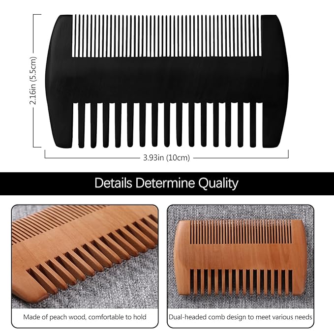 Wooden Beard Comb Kit, Dual Action Fine & Coarse Teeth, Wood Color and Black Pocket Comb for Beards & Mustaches & Hair Grooming Care (2 Pack)