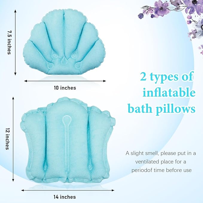 Jetec 2 Pcs Inflatable Bath Pillow with Suction Cup Bathtub Spa Pillow Neck Support Supplies Shell-Shaped Soft Inflatable Cushion Large Small Size Fits All Tub Pool Bath and Bathroom(Blue)