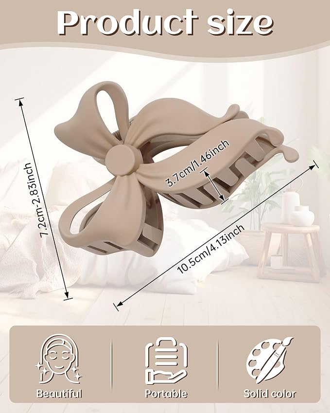 Mesovor 4 pack Cute Bow Claw Clip for Women, Nonslip Large Matte Strong Hold Bows Hair Clips for Thin and Thick Hair | Chic Hair Styling Accessories (4.1" Light Khaki, Dark Khaki, Brown, Black)