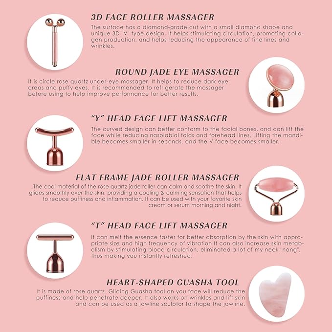 7pcs Facial Jade Roller and Gua Sha Kit, 100% Natural Jade Stone Face Massager for Skin Tightening, Dark Circles, Skin Rejuvenation, Wrinkle Remover, Men and Women Massage Tool Gift Set