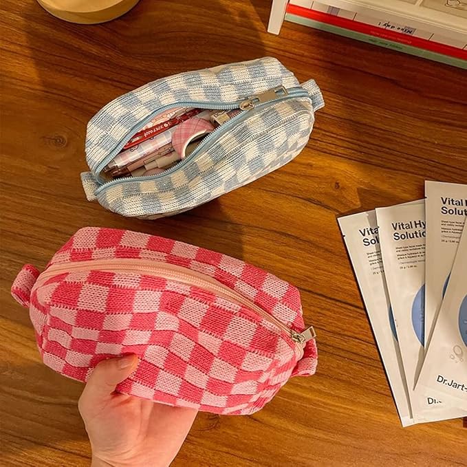 SxoSyo 2 Pcs Cosmetic Bags for Women Checkered Makeup Bag Purse Travel Toiletry Zipper Storage Pouch Make up Brushes Organizer for Gifts (Checkered, Pink & Blue)