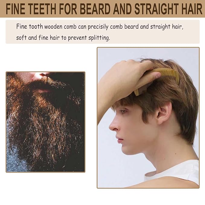 Wooden Beard Comb for Men, Fine Tooth Wooden Comb for Women - Green Sandalwood