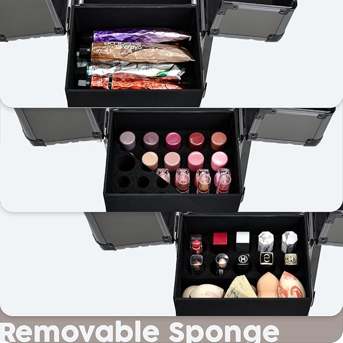 Hododou Rolling Makeup Case Cosmetic Travel Trolley Storage Sliding Drawer 4 Tray Makeup Travel Case with Wheels Salon Barber Case Traveling Cart Trunk for Cosmetologist Nail Tech Hairstylist Grey