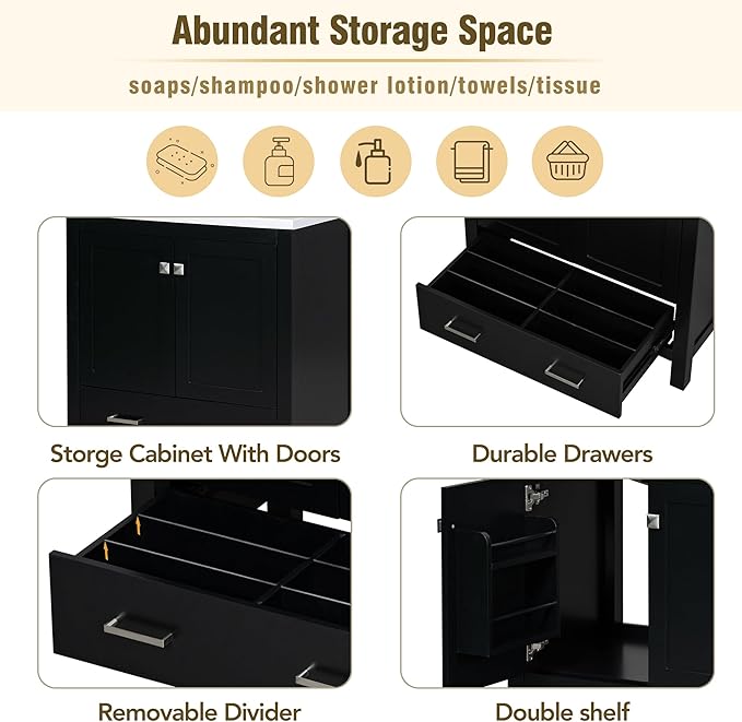 Bellemave 30" Bathroom Vanity with Sink Combo Set, Solid Wood Frame Bathroom Storage Cabinet with a Drawer, 2 Soft Closing Cabinet Doors with Organizer, Black