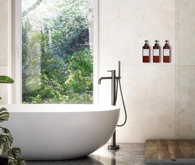 Shampoo and Conditioner Dispenser | 3 Plastic Amber 3 Wall Mount Black | Shampoo Dispenser with Waterproof Labels | No Drill | Shower Bottles Refillable with Pump