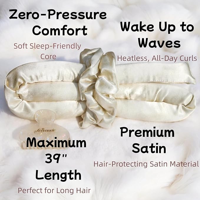 Serenade Sparkling Satin Heatless Hair Curler, Heatless Curling Rod Headband, No Heat Curling Rod Hair Roller for Women and Girls to sleep in, White