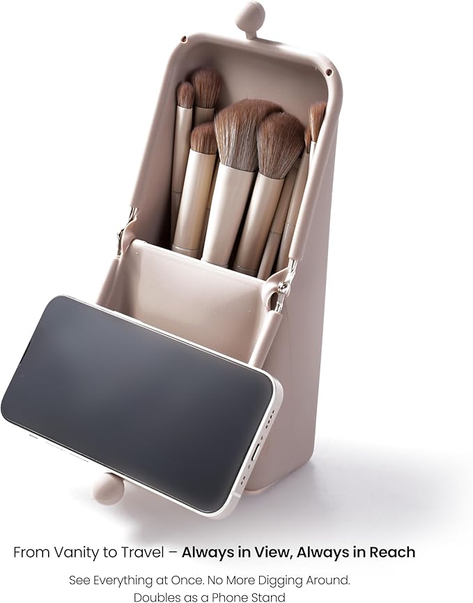 APT 1101 Makeup Brush Holder Travel Cosmetic Bag with Suction Base, Portable Cosmetic Organizer for Travel & Home, Organizer for Brushes, Beauty Tools & Accessories (Oatmeal)