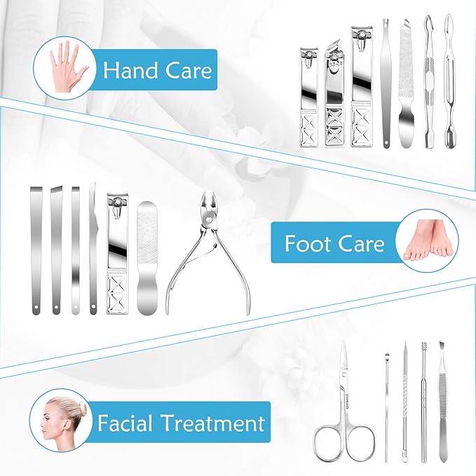 Teamkio Manicure Pedicure Set Nail Clippers Travel Hygiene Kit Stainless Steel Nail Cutter Care Set Scissor Tweezer Knife Ear Pick Utility Tools Grooming Kits with Leather Case 18 in 1 pcs (Black)