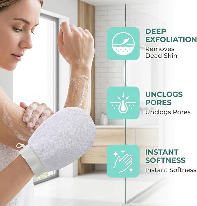 Exfoliating Gloves & Back Scrubber Strap Set - Dual-Sided Textured Mitts for Deep Body Exfoliation, Hard to Reach Back Cleaning, Spa-Quality Dead Skin Removal with Long Handle & Nylon Viscose Material