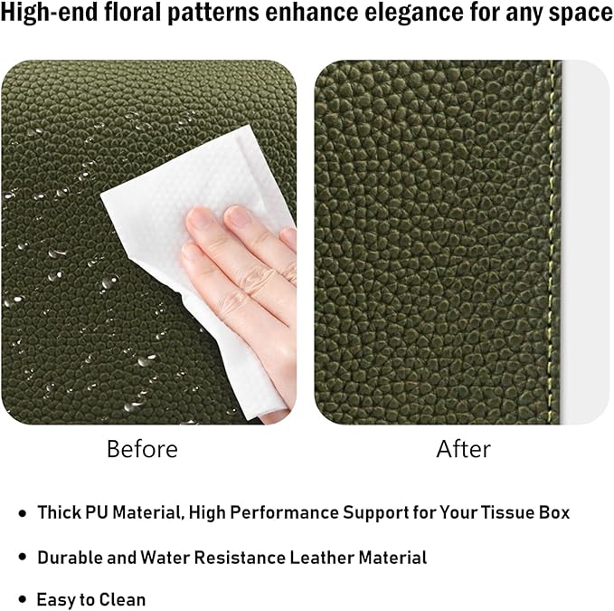 Tissue Box Cover PU Leather Tissue Holder Rectangle Facial Tissue Case Tissue Box Organizer Dispenser for Bathroom, Kitchen, Home, Office, Tabletop (OliveGreen, Short)