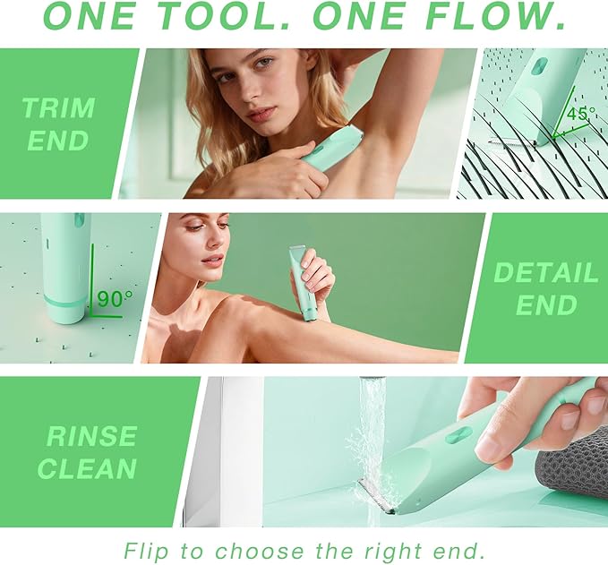 Bikini Trimmer for Women, Dual-Ended Electric Razor Personal Shaver for Bikini Line & Pubic Hair, Waterproof USB-C Rechargeable Body & Face Trimmer for Underarms & Legs (Mint Green)