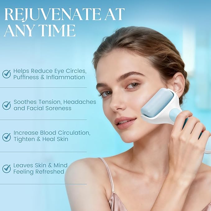 Ice Roller for Face, Premium Facial Ice Roller and 2X Rollers for Long Lasting Cold - Eye Roller for Puffy Eyes & Cold Massage for Migraines (Blue)