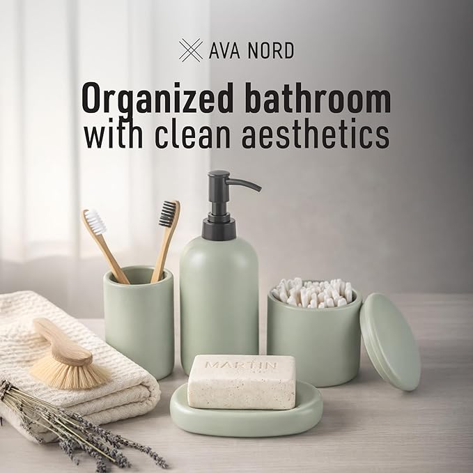 Ceramic Bathroom Accessories Set 4 Pcs – Modern Scandinavian Neutral Bathroom Soap Dispenser Set with Toothbrush Holder, Soap Dish & Cup – Minimalist Bathroom Accessory Set Decor - Sage Green