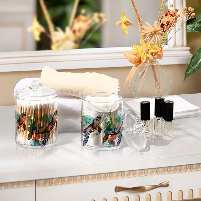 2 Pack Qtip Holder Dispenser for Cotton Ball Turtle Watercolor Cotton Swab Round Pads Clear Plastic Acrylic Jar Set Bathroom Canister