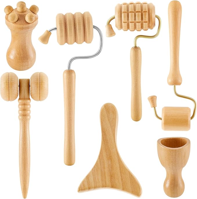 Boao 7 Pcs Wood Therapy Massage Tools Set, Wooden Face Massage Tool & Roller Kit for Lymphatic Drainage Care, at-Home Relaxation & Facial Care Tools, Natural Wood