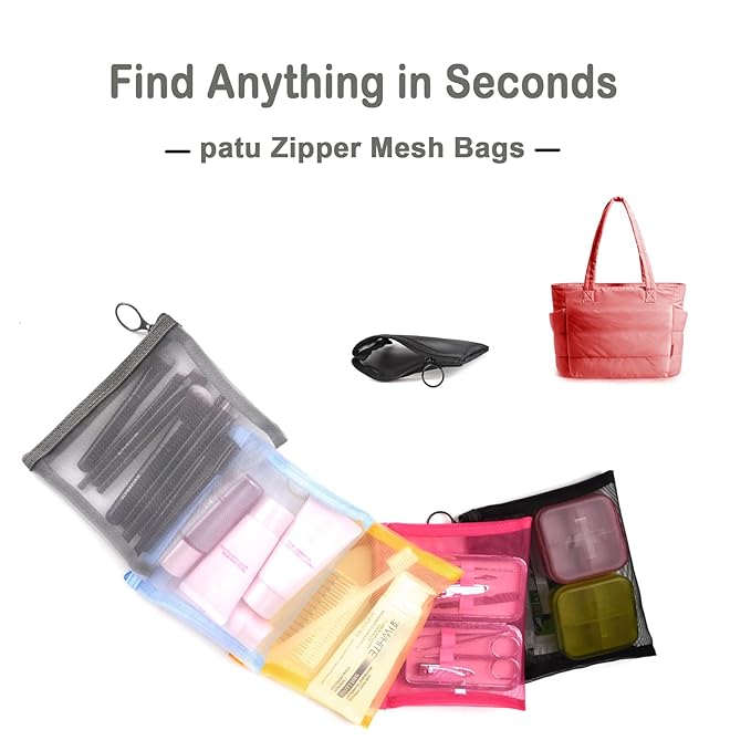 patu Zipper Mesh Bags, Size M / A6, 5 Pieces, Beauty Makeup Cosmetic Accessories Organizer, Travel Toiletry Kit Set Storage Pouch, Assorted Colors