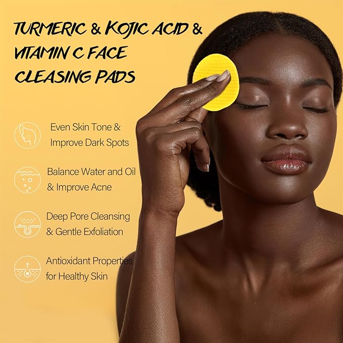 Turmeric Kojic Acid Cleansing Pads for Face 60 Pcs Turmeric Face Scrub for Dark Spots Vitamin C Exfoliating Pads Even Out Skin Tone with Exfoliating Cotton Rounds