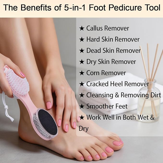 Foot Scrubber Brush with Pumice Stone for Feet, 5-in-1 Foot File Callus Remover, Stainless Steel Feet Scraper, Cleaning Brush and Sand Paper Debris Catcher, Multi Purpose for Home Foot Care