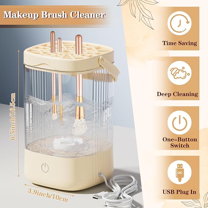 Electric Makeup Brush Cleaner - Portable Makeup Brushes Cleaning Machine, Automatic Spinning Cosmetic Brushes Washer, Make Up Brush Cleaner Tools for Most Sizes Brushes and Sponges (Beige)
