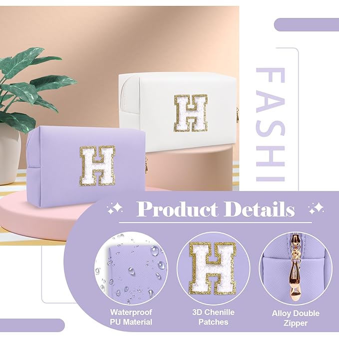 Personalized Makeup Bag Initial A-Z Preppy Patch Bag,Small PU Leather Travel Cosmetic Bag Pouch with Zipper,Purple Cute Toiletry Bag,Gift Ideal for Teen Girls Women Birthday Friend Mom,Latter H