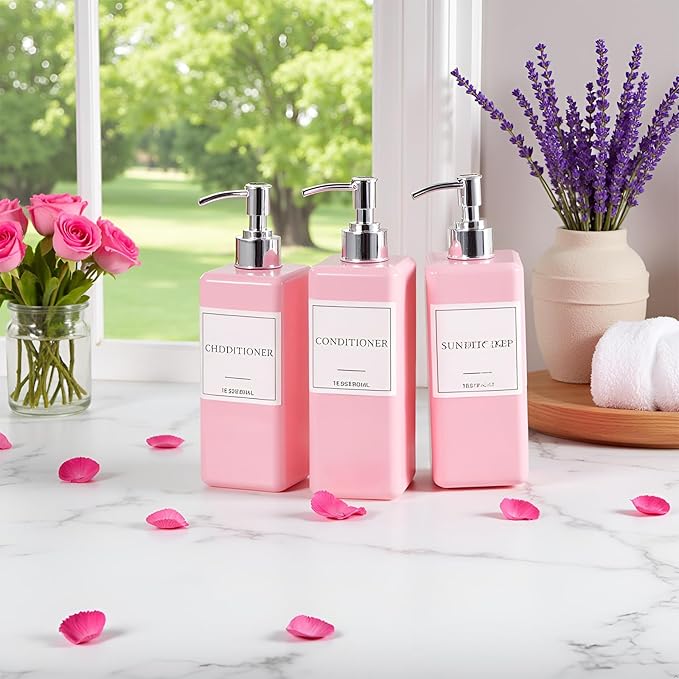 Shampoo and Conditioner Dispenser for Shower, Refillable Shampoo and Conditioner Bottles Body Wash Dispenser with Waterproof Labels, 3PCS 16.9oz Soap Dispenser Bathroom Pink Silver Empty Pump Bottle