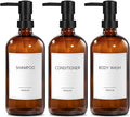 GMISUN Glass Shampoo and Conditioner Dispenser, Shower Soap Dispenser Bottles with Labels, Refillable Shampoo Conditioner Body Wash Dispensers, Amber Glass Soap Pump Dispenser Set for Bathroom Shower