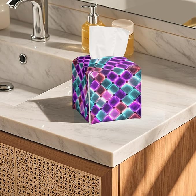 Neon Tissue Box Cover Colorful Rainbow Tiles Purple Blue Pink Leather Tissue Box Holder Square Facial Paper Organizer Dispenser for Car Bathroom Bedroom Office Tabletop Decor
