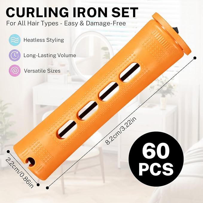 60 Pcs Perm Rods for Long Hair, Cold Wave Perm Rods Set for Women's Long & Short Plastic Curling Rollers for Hair Curling and DIY Hairdressing Styling Tool（0.86 x 3.22 inches）