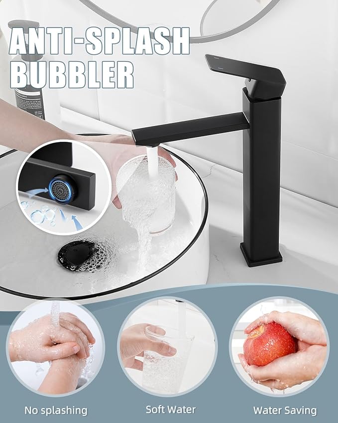 Bathroom Faucets(2 Sets),Matte Black Bathroom Faucet with Pop-up Drain and Supply Hoses,Single Hole High Barrel Vanity Faucet for Vessel Sink,Single Handle Stainless Steel RV Faucet