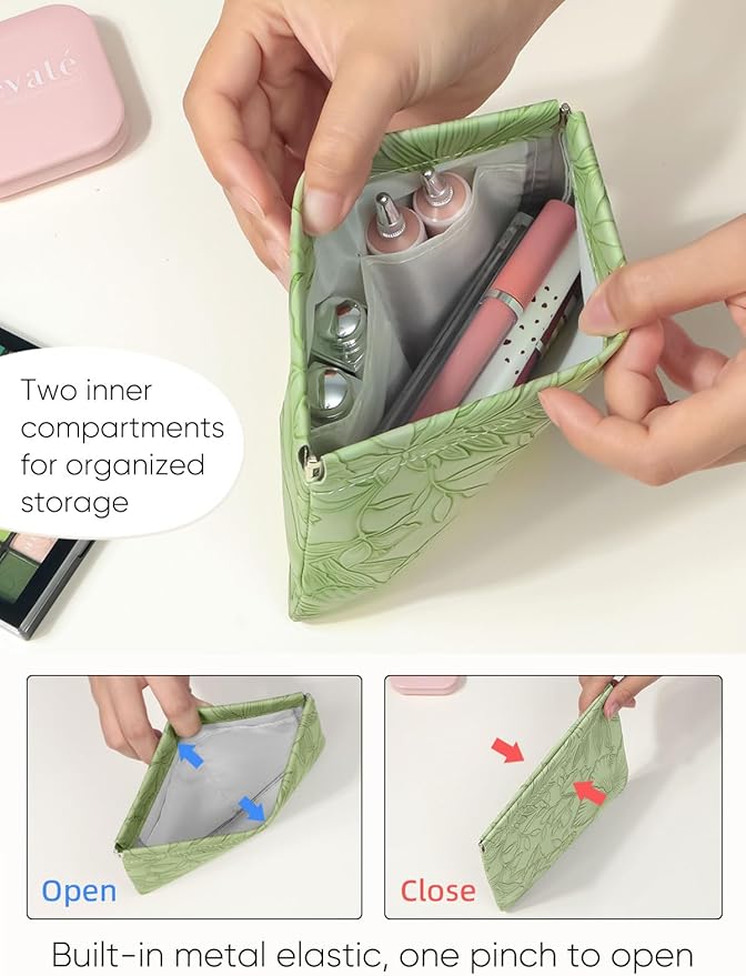 Floral Leather Makeup Pouch Set for Women Small Make Up Bag for Purse Waterproof Initial Makeup Cosmetic Bags Pouches for Purse Aesthetic Travel Toiletry Bag, Green